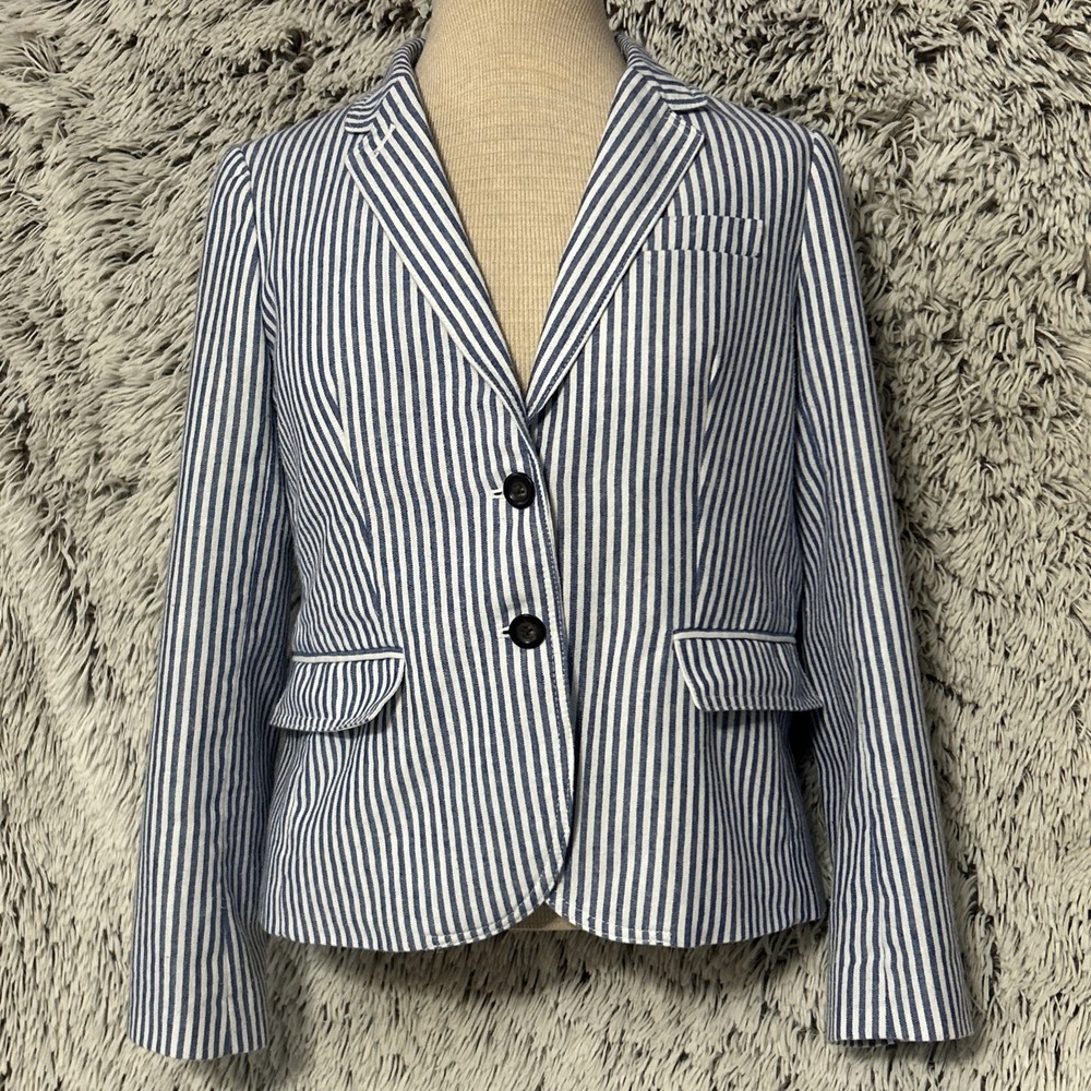 J Crew Blazer Striped Blue White Double Button Jacket Preppy Academia Size 6‎